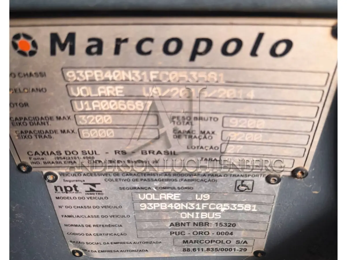 LOTE 002 - ÔNIBUS MARCOPOLO/VOLARE W9 ON 2014/2015